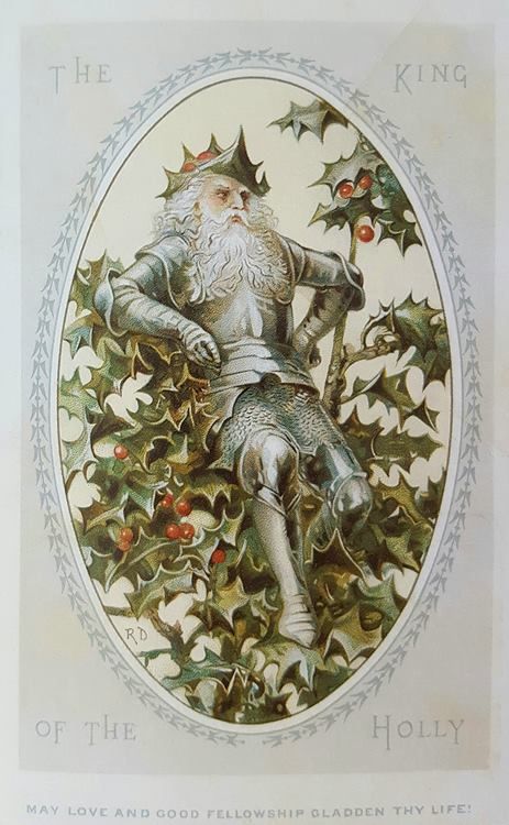 A crowned, bearded figure in the armor of knight is surrounded by a holly bush.